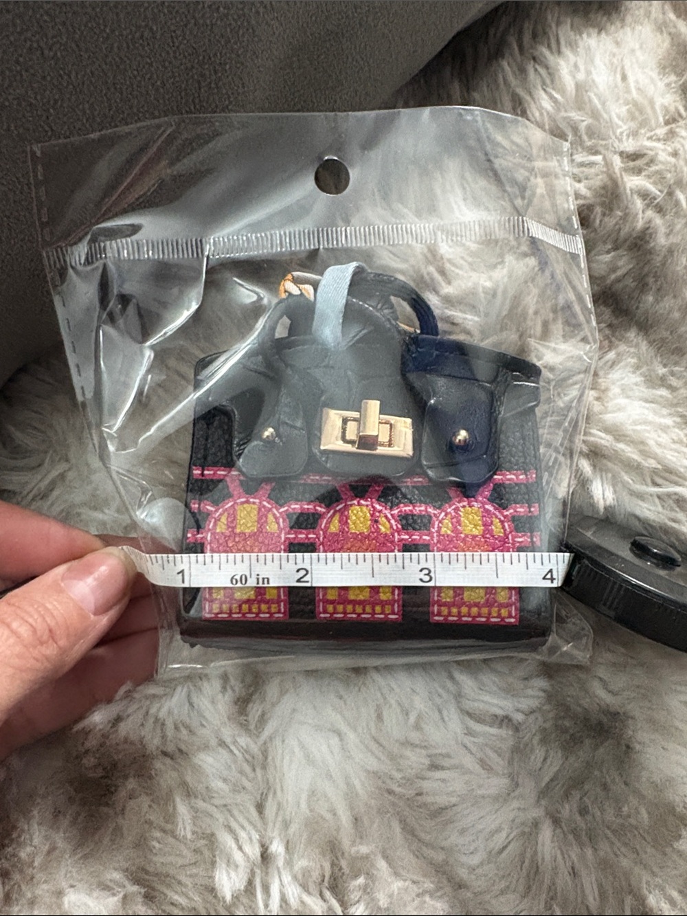Black Mini Embroidered Tote Bag with Pink & Yellow Accents bag charm. - Picture 3 of 4